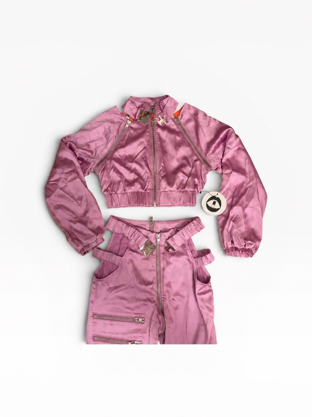 NWT CAPSULLE Pink Satin Cargo 2 Piece Set Y2K Crop Jacket Pants Sz S